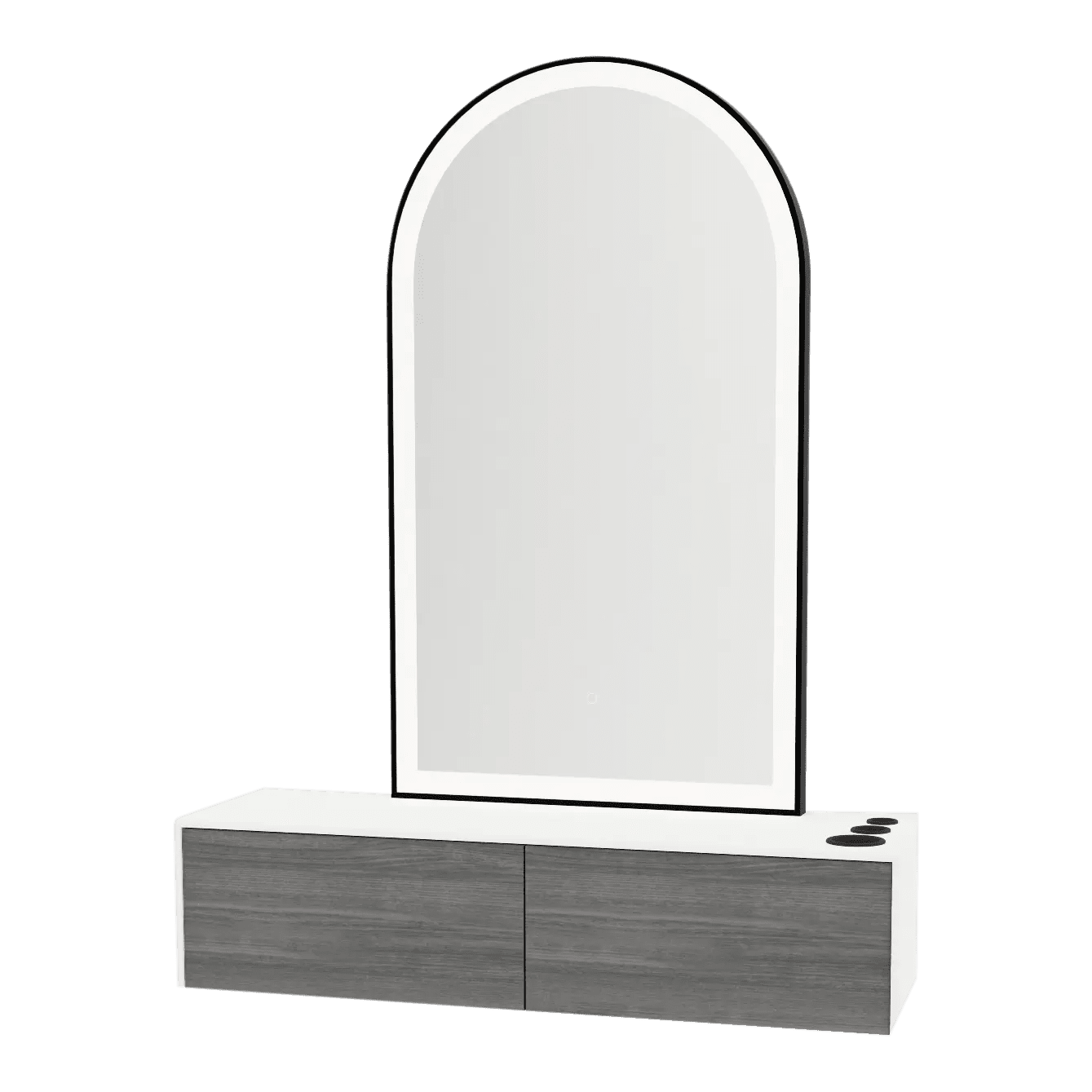 Glo Wall Mount Styling Station with Nestled Appliance Holder, Solid Surface Countertop, and Black Arch Paloma Mirror - Kaemark
