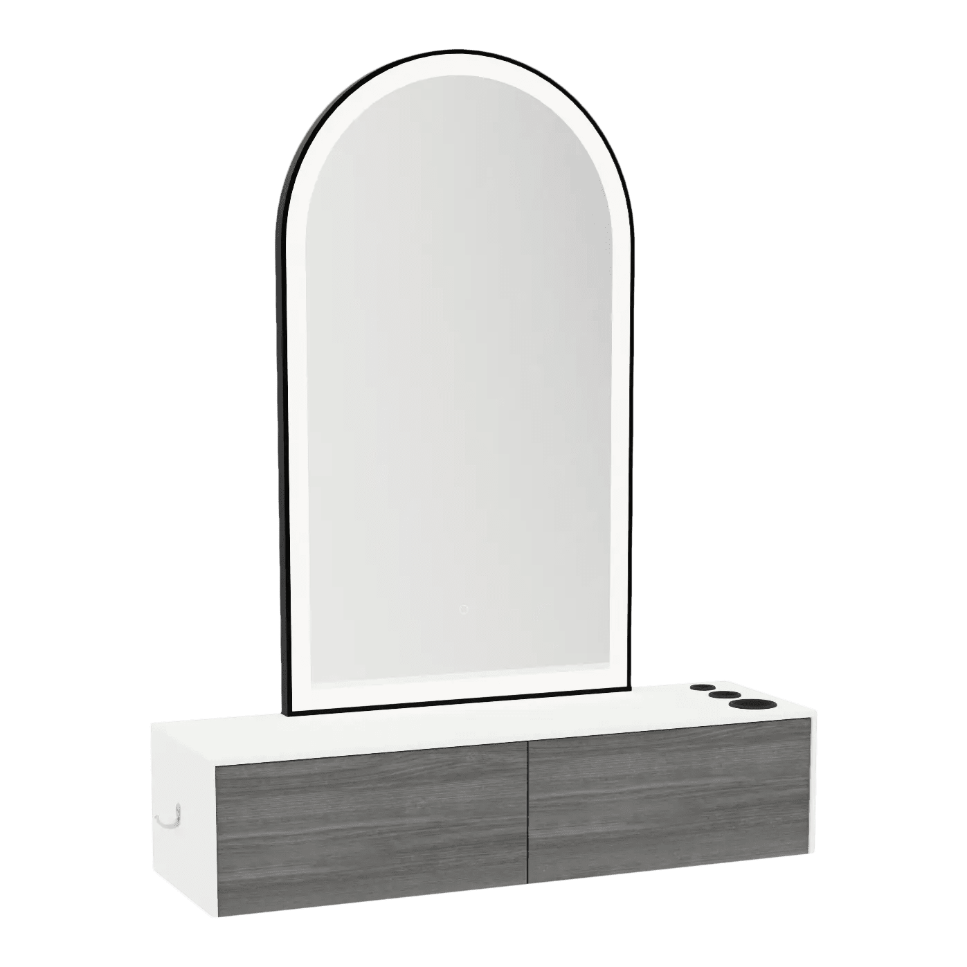Glo Wall Mount Styling Station with Nestled Appliance Holder, Solid Surface Countertop, and Black Arch Paloma Mirror - Kaemark