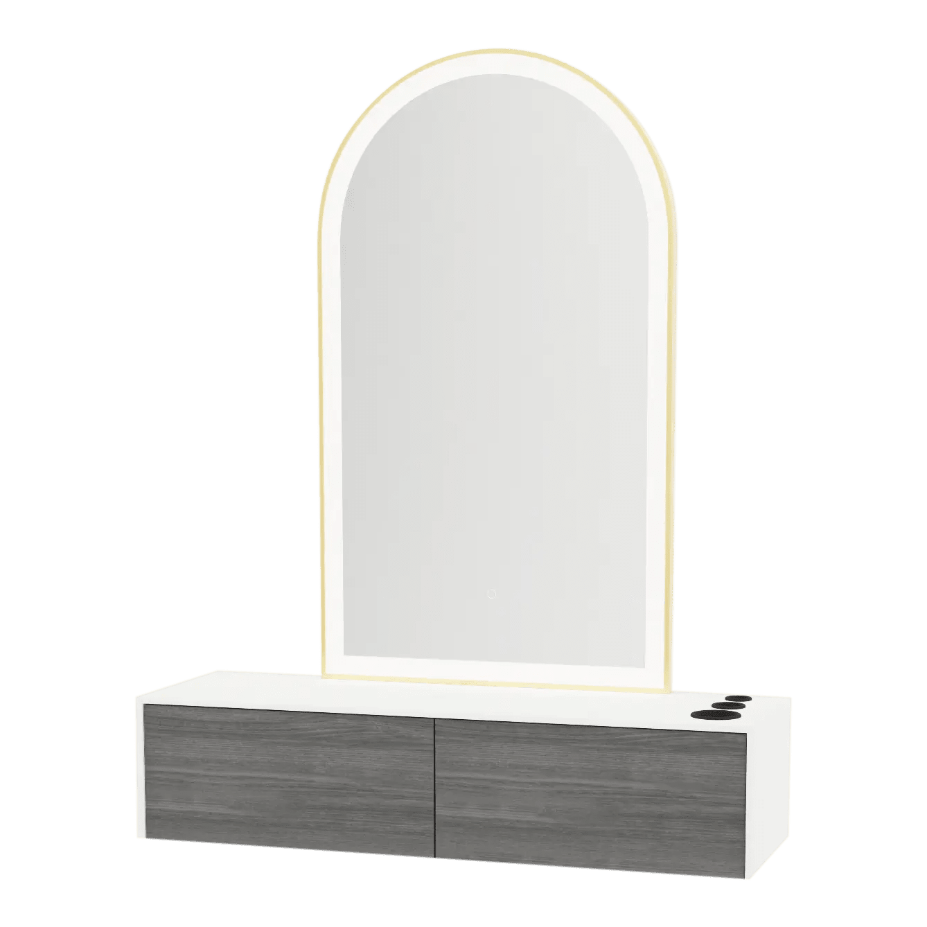 Glo Wall Mount Styling Station with Nestled Appliance Holder, Solid Surface Countertop, and Gold Arch Paloma Mirror - Kaemark