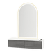 Glo Wall Mount Styling Station with Nestled Appliance Holder, Solid Surface Countertop, and Gold Arch Paloma Mirror - Kaemark