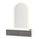Glo Wall Mount Styling Station with Nestled Appliance Holder, Solid Surface Countertop, and Gold Arch Paloma Mirror - Kaemark