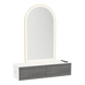 Glo Wall Mount Styling Station with Nestled Appliance Holder, Solid Surface Countertop, and Gold Arch Paloma Mirror - Kaemark