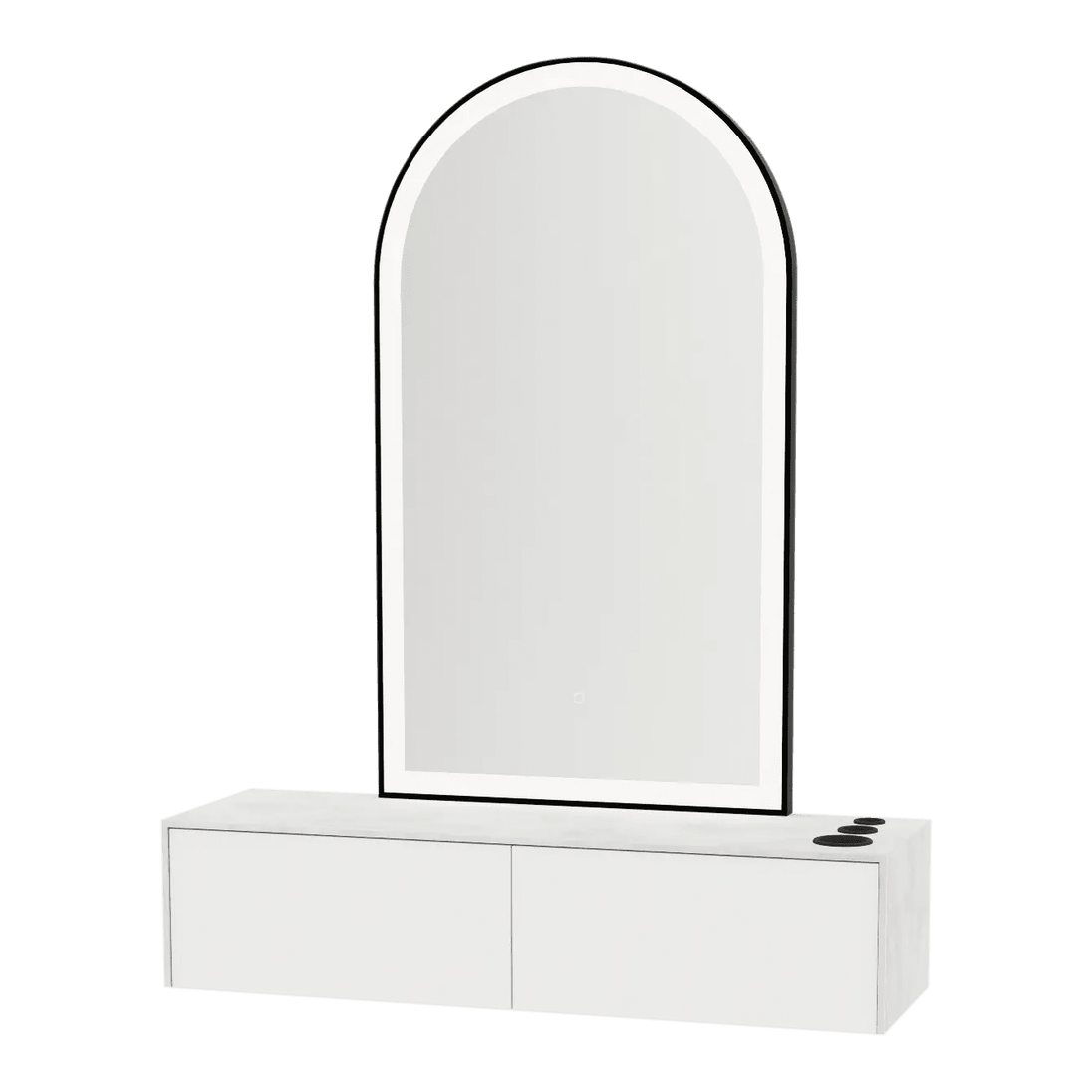 Glo Wall Mount Styling Station with Nestled Appliance Holder, Solid Surface Countertop, and Black Arch Paloma Mirror - Kaemark