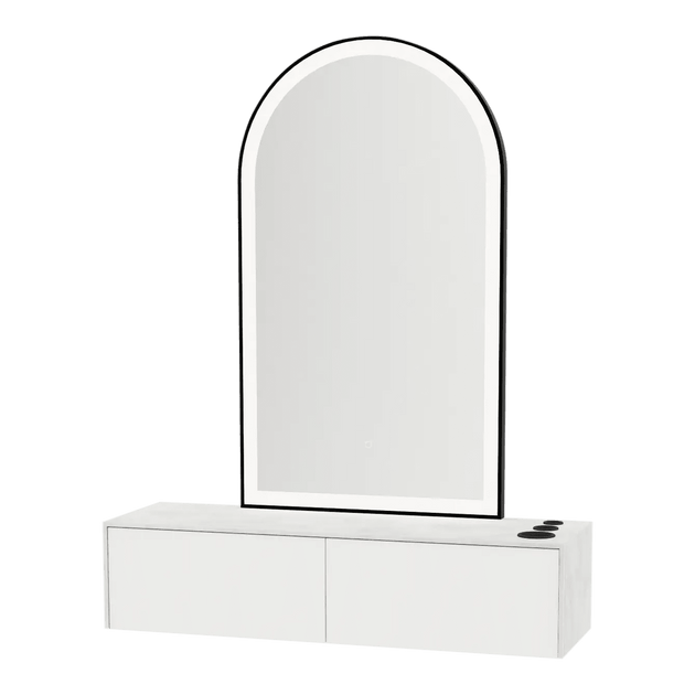 Glo Wall Mount Styling Station with Nestled Appliance Holder, Solid Surface Countertop, and Black Arch Paloma Mirror - Kaemark