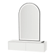 Glo Wall Mount Styling Station with Nestled Appliance Holder, Solid Surface Countertop, and Black Arch Paloma Mirror - Kaemark