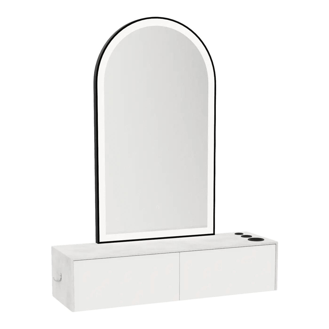 Glo Wall Mount Styling Station with Nestled Appliance Holder, Solid Surface Countertop, and Black Arch Paloma Mirror - Kaemark