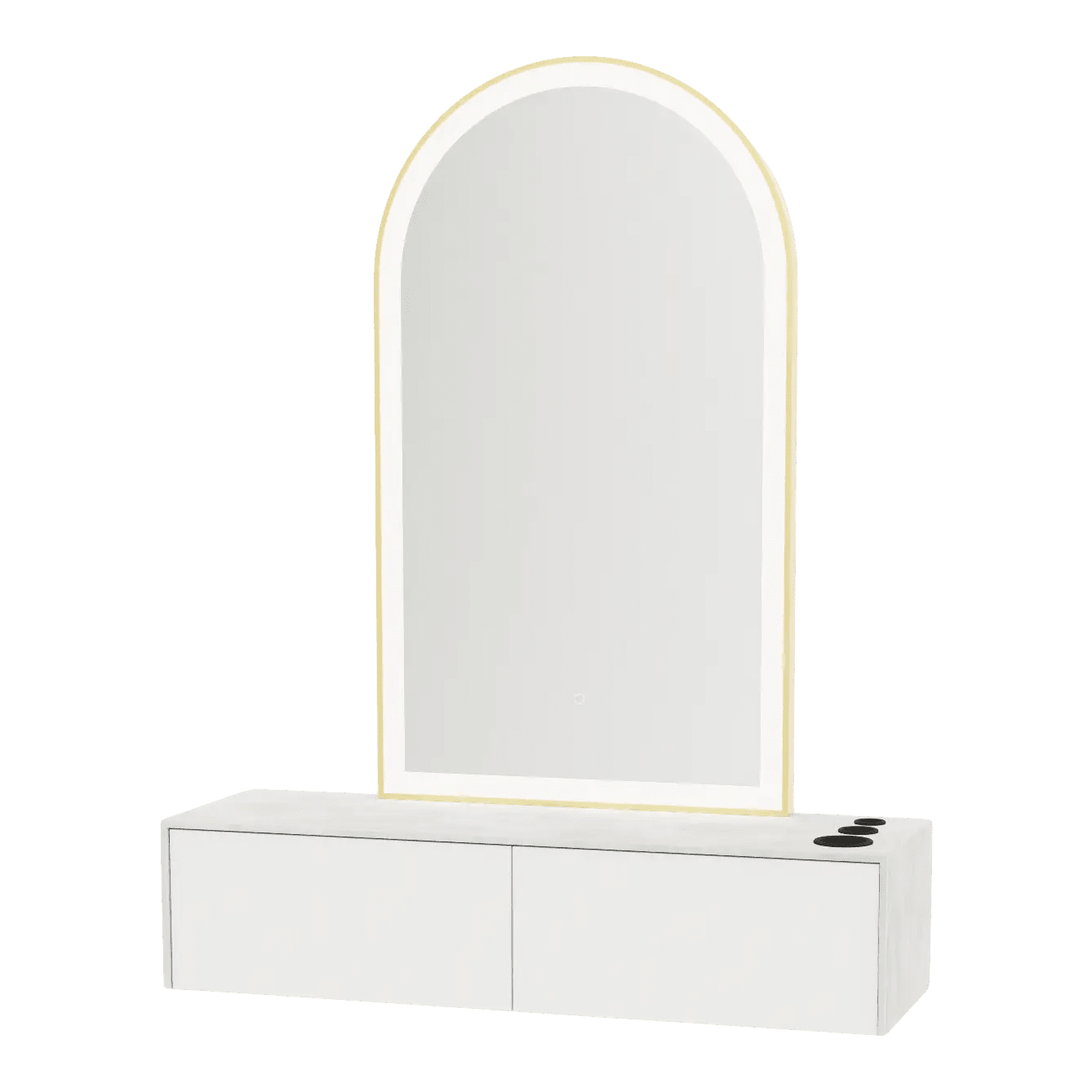 Glo Wall Mount Styling Station with Nestled Appliance Holder, Solid Surface Countertop, and Gold Arch Paloma Mirror - Kaemark