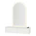 Glo Wall Mount Styling Station with Nestled Appliance Holder, Solid Surface Countertop, and Gold Arch Paloma Mirror - Kaemark