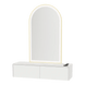 Glo Wall Mount Styling Station with Nestled Appliance Holder, Solid Surface Countertop, and Gold Arch Paloma Mirror - Kaemark