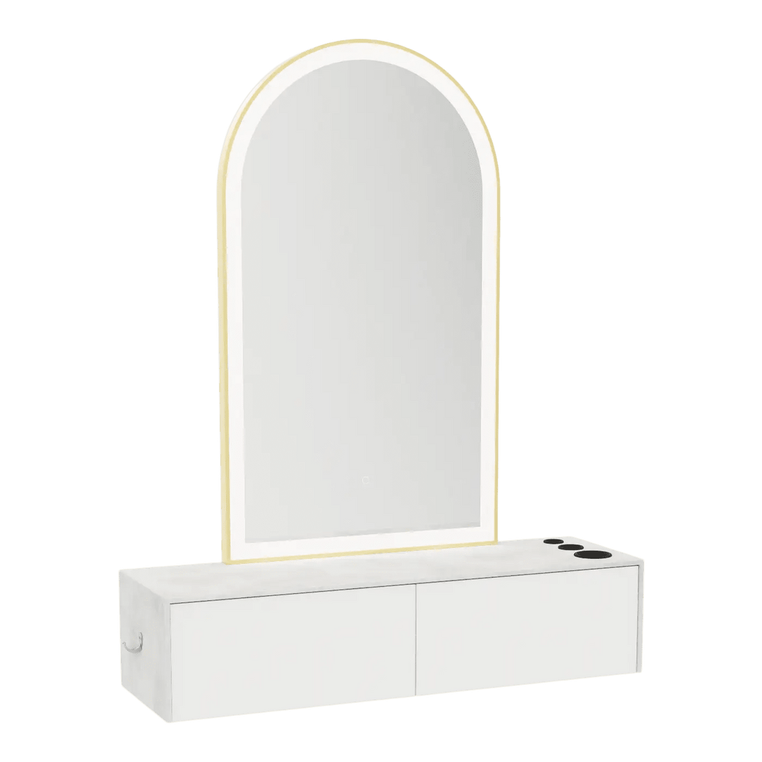 Glo Wall Mount Styling Station with Nestled Appliance Holder, Solid Surface Countertop, and Gold Arch Paloma Mirror - Kaemark