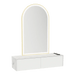Glo Wall Mount Styling Station with Nestled Appliance Holder, Solid Surface Countertop, and Gold Arch Paloma Mirror - Kaemark