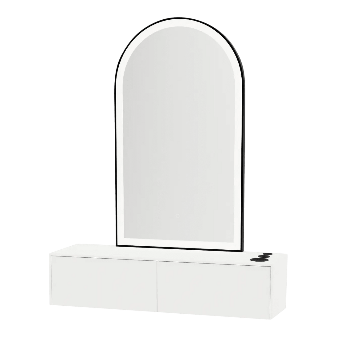 Glo Wall Mount Styling Station with Nestled Appliance Holder, Solid Surface Countertop, and Black Arch Paloma Mirror - Kaemark