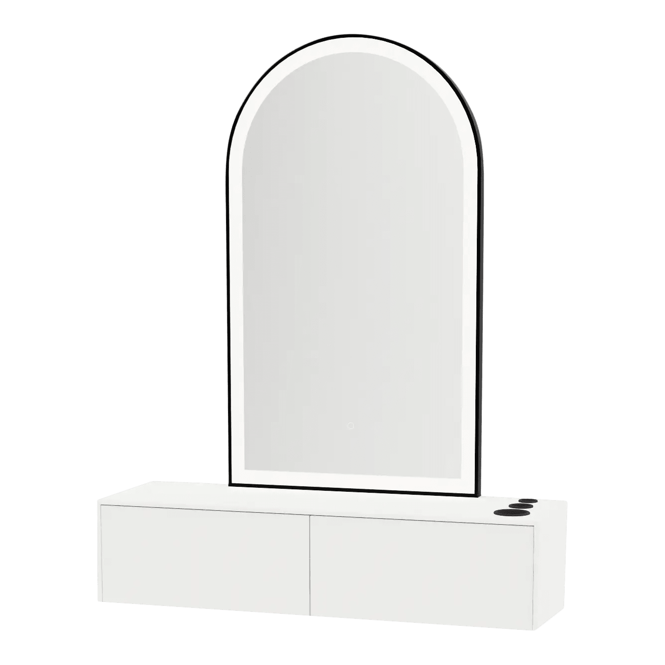 Glo Wall Mount Styling Station with Nestled Appliance Holder, Solid Surface Countertop, and Black Arch Paloma Mirror - Kaemark