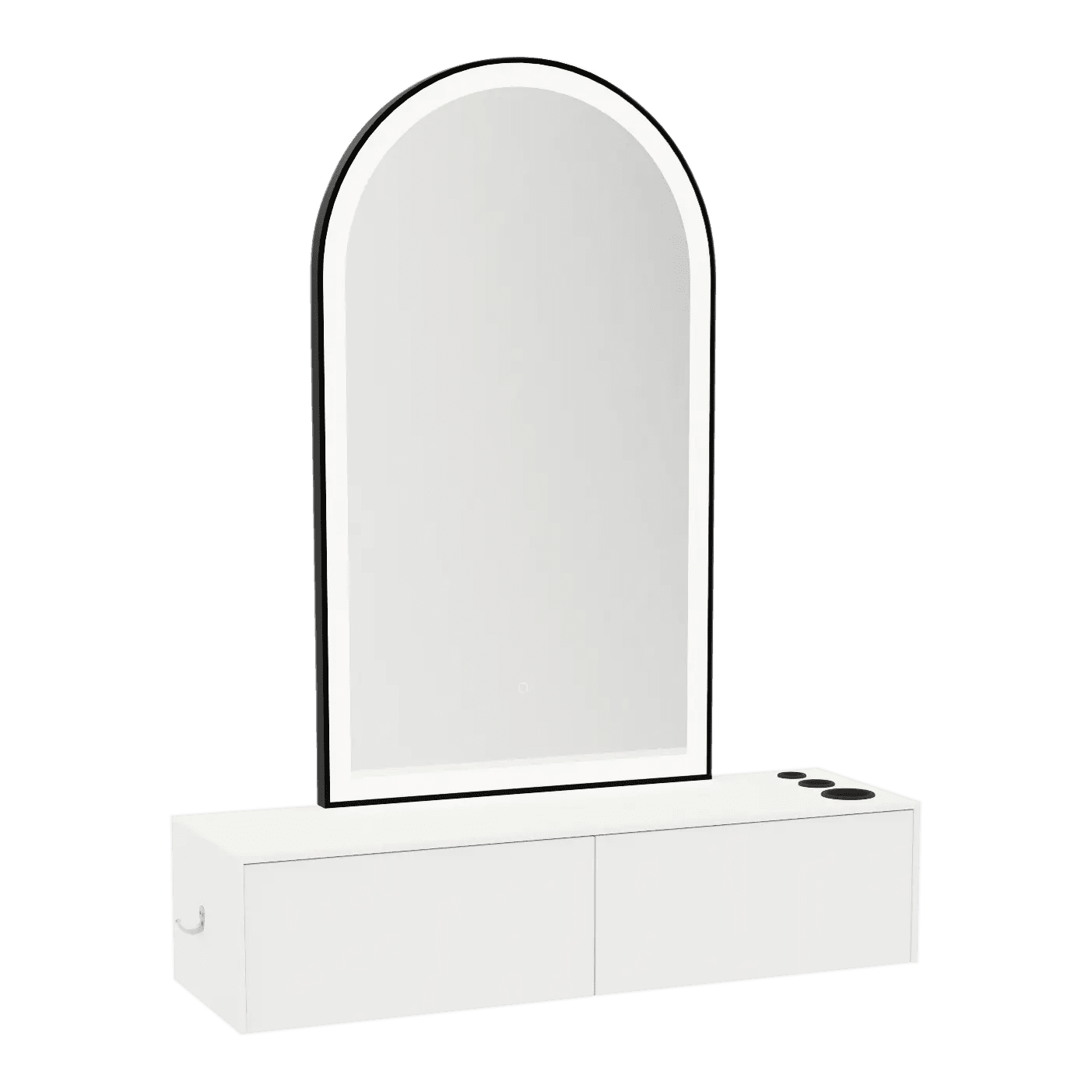 Glo Wall Mount Styling Station with Nestled Appliance Holder, Solid Surface Countertop, and Black Arch Paloma Mirror - Kaemark