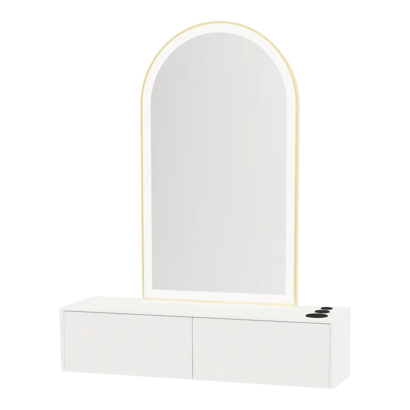 Glo Wall Mount Styling Station with Nestled Appliance Holder, Solid Surface Countertop, and Gold Arch Paloma Mirror - Kaemark
