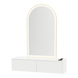 Glo Wall Mount Styling Station with Nestled Appliance Holder, Solid Surface Countertop, and Gold Arch Paloma Mirror - Kaemark