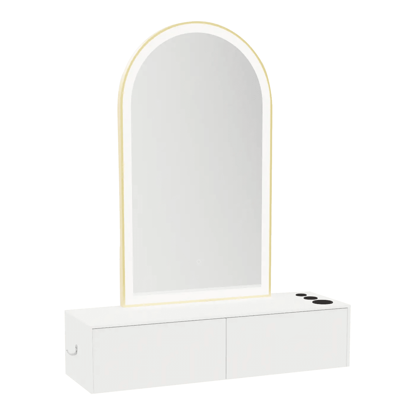 Glo Wall Mount Styling Station with Nestled Appliance Holder, Solid Surface Countertop, and Gold Arch Paloma Mirror - Kaemark