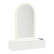 Glo Wall Mount Styling Station with Nestled Appliance Holder, Solid Surface Countertop, and Gold Arch Paloma Mirror - Kaemark