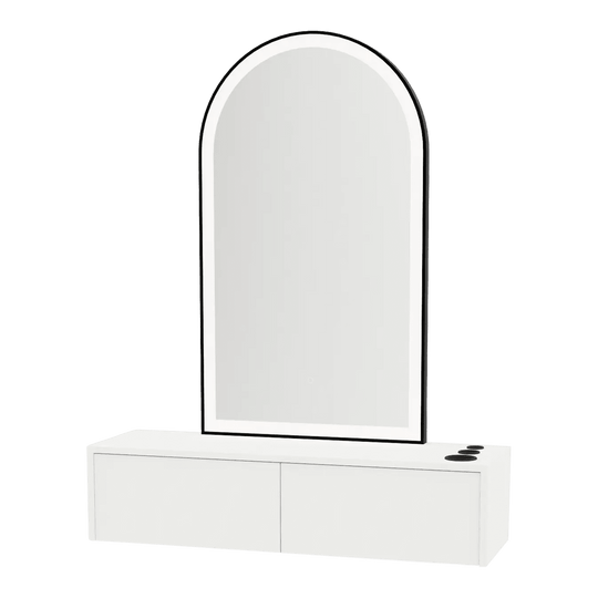 Glo Wall Mount Styling Station with Nestled Appliance Holder and Black Arch Paloma Mirror - Kaemark