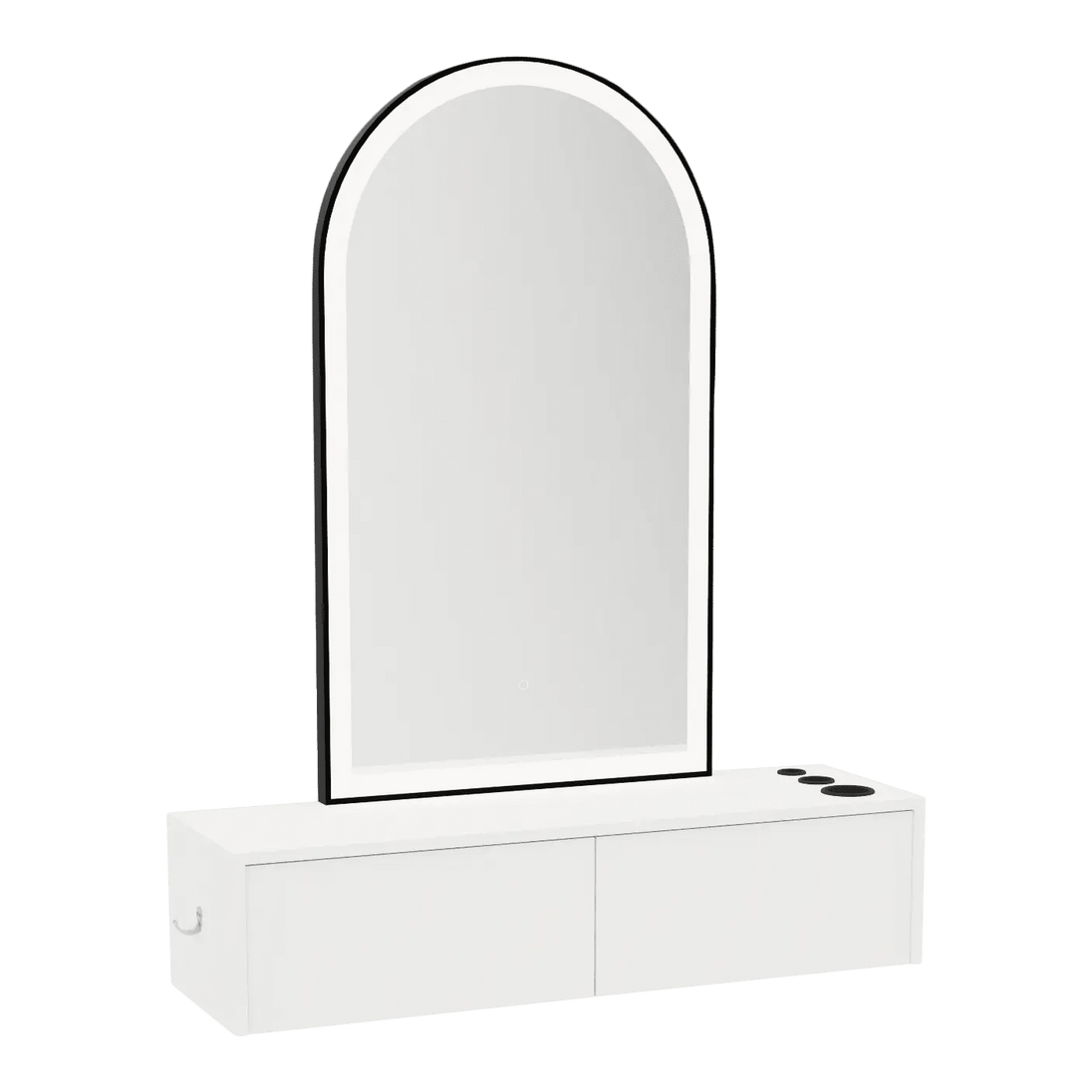 Glo Wall Mount Styling Station with Nestled Appliance Holder and Black Arch Paloma Mirror - Kaemark
