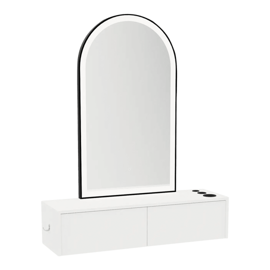 Glo Wall Mount Styling Station with Nestled Appliance Holder and Black Arch Paloma Mirror - Kaemark