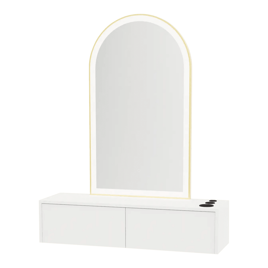 Glo Wall Mount Styling Station with Nestled Appliance Holder and Gold Arch Paloma Mirror - Kaemark