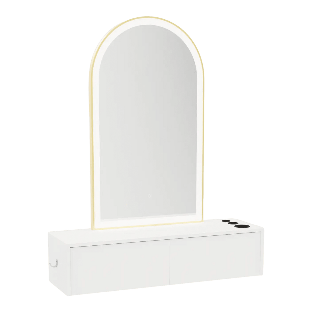 Glo Wall Mount Styling Station with Nestled Appliance Holder and Gold Arch Paloma Mirror - Kaemark
