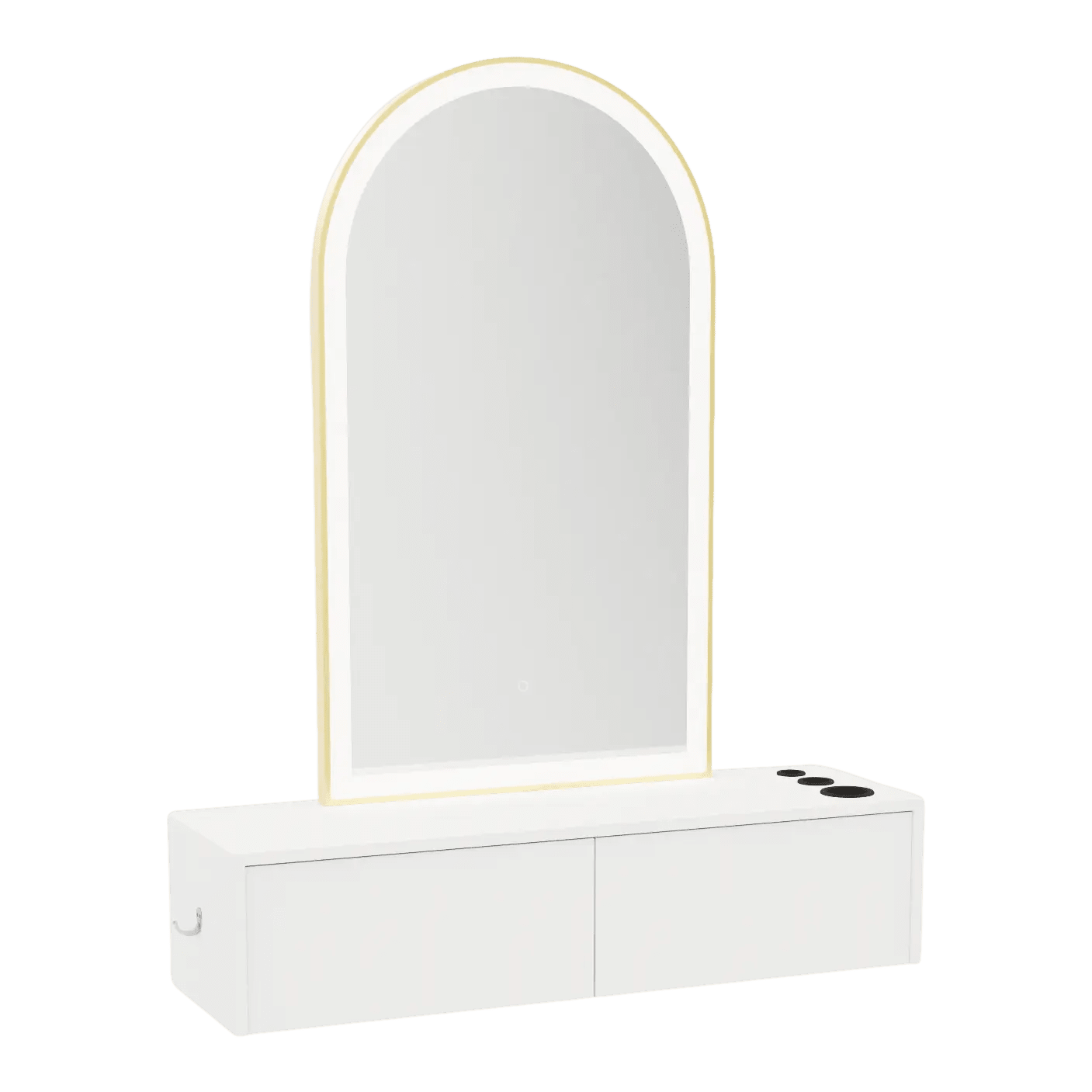Glo Wall Mount Styling Station with Nestled Appliance Holder and Gold Arch Paloma Mirror - Kaemark