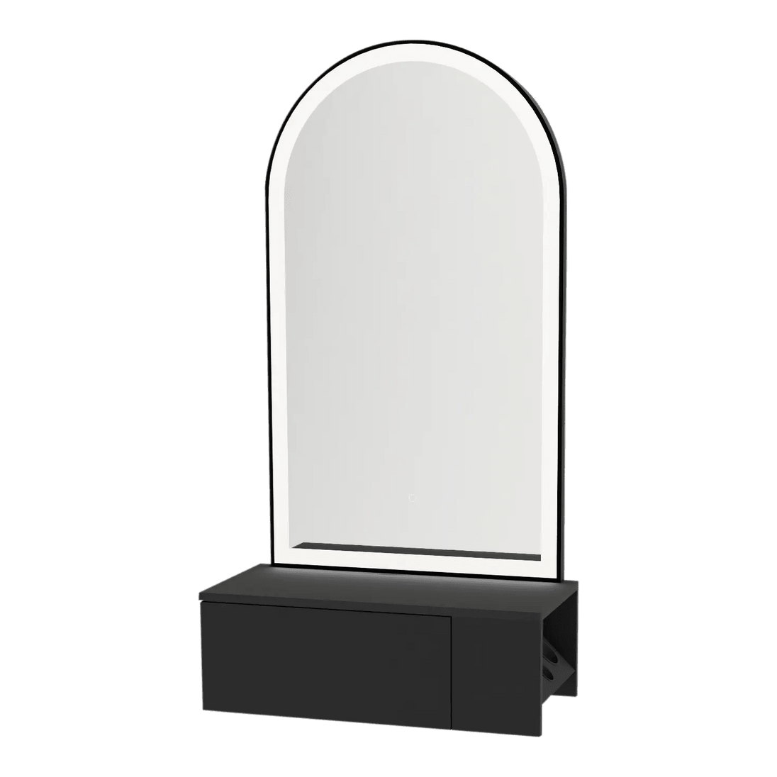 Glo Wall Mount Styling Station with Concealed Appliance Holder and Black Arch Paloma Mirror - Kaemark