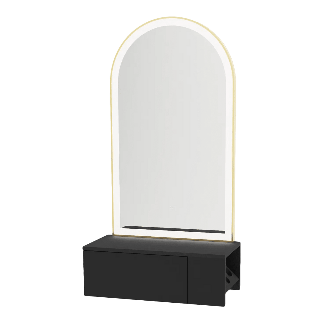 Glo Wall Mount Styling Station with Concealed Appliance Holder and Gold Arch Paloma Mirror - Kaemark
