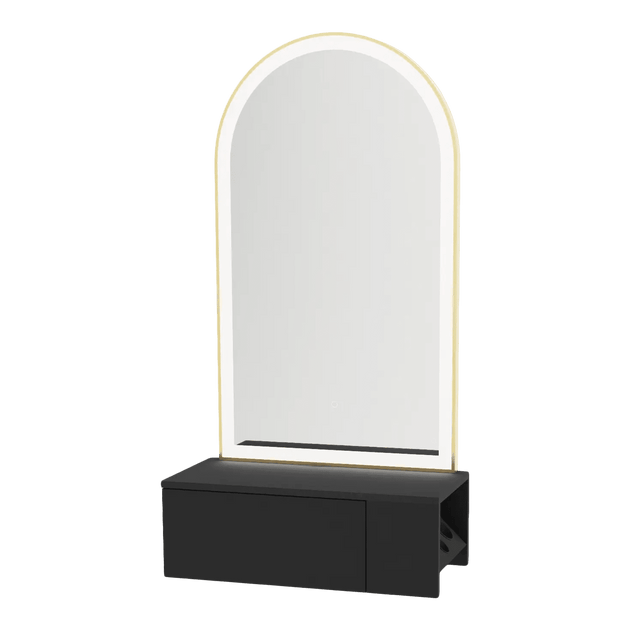 Glo Wall Mount Styling Station with Concealed Appliance Holder and Gold Arch Paloma Mirror - Kaemark