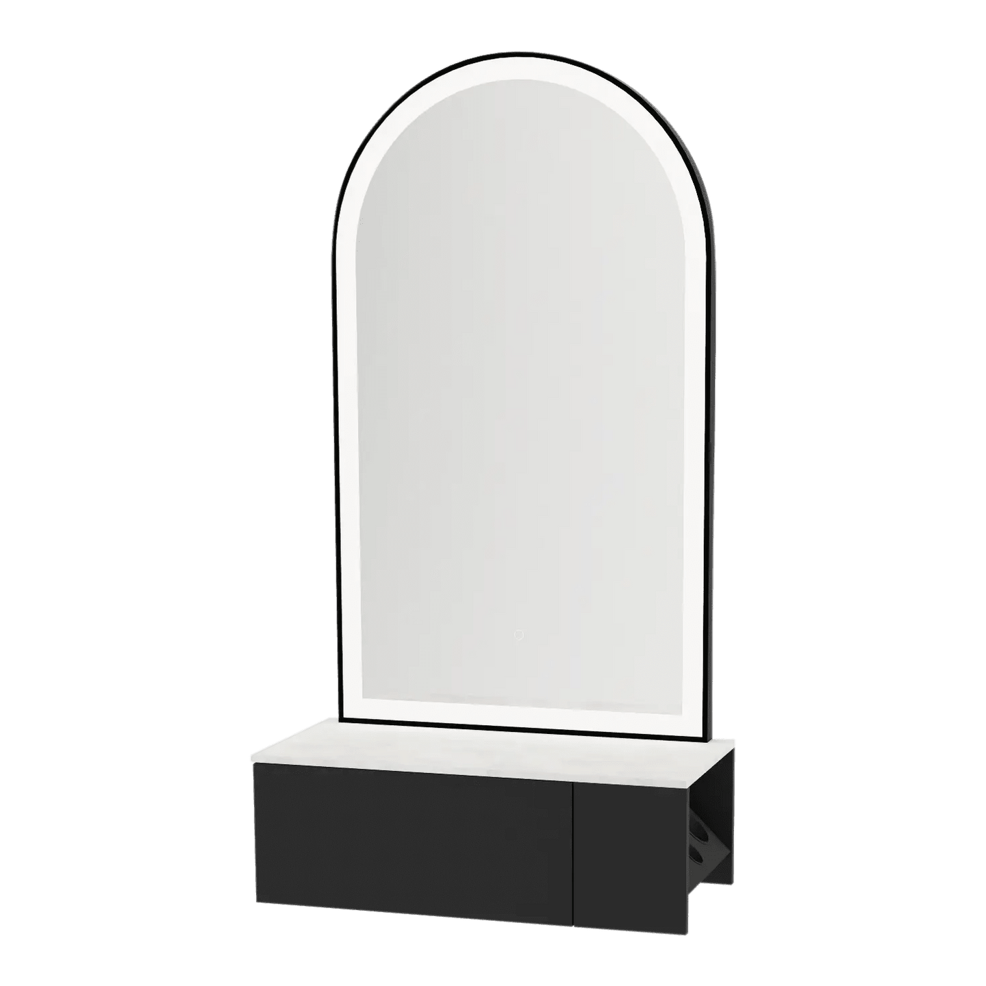 Glo Wall Mount Styling Station with Concealed Appliance Holder, Solid Surface Countertop, and Black Arch Paloma Mirror - Kaemark