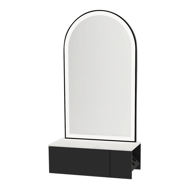 Glo Wall Mount Styling Station with Concealed Appliance Holder, Solid Surface Countertop, and Black Arch Paloma Mirror - Kaemark