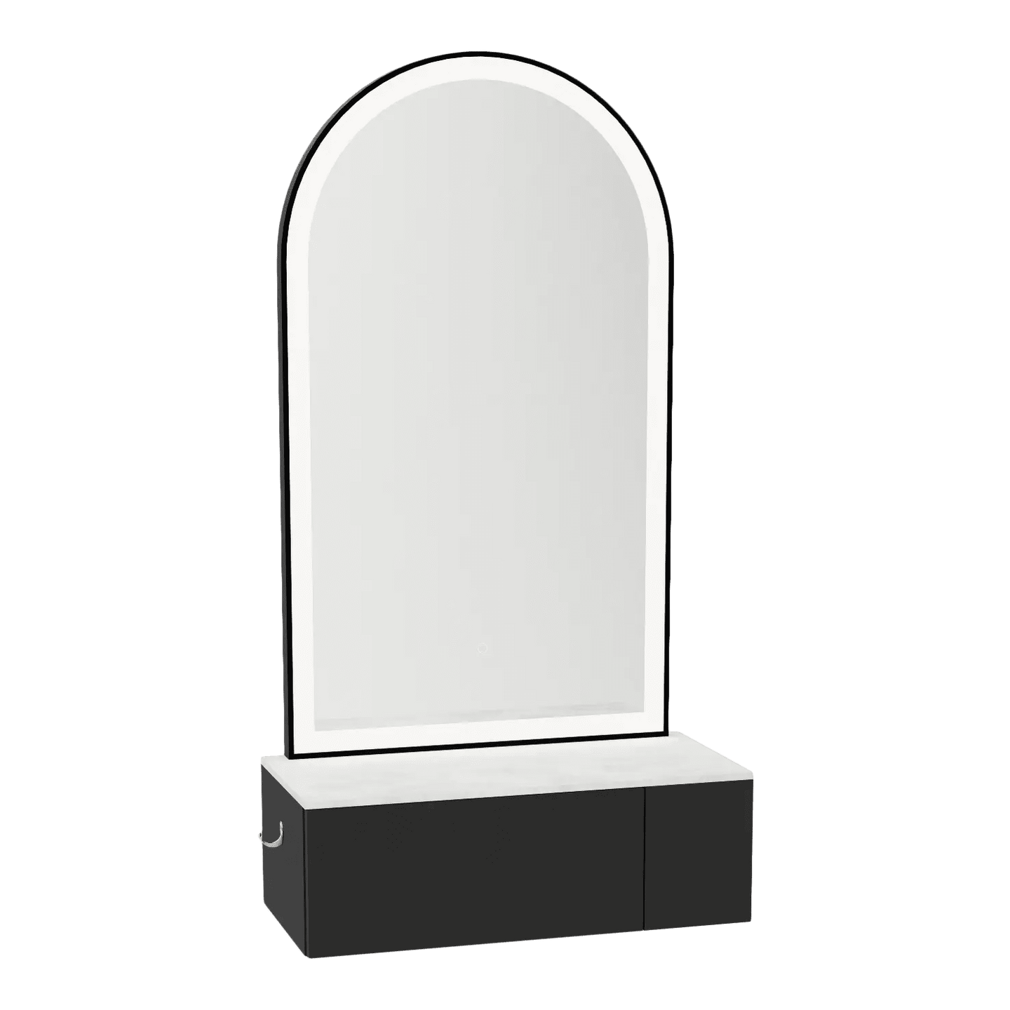 Glo Wall Mount Styling Station with Concealed Appliance Holder, Solid Surface Countertop, and Black Arch Paloma Mirror - Kaemark