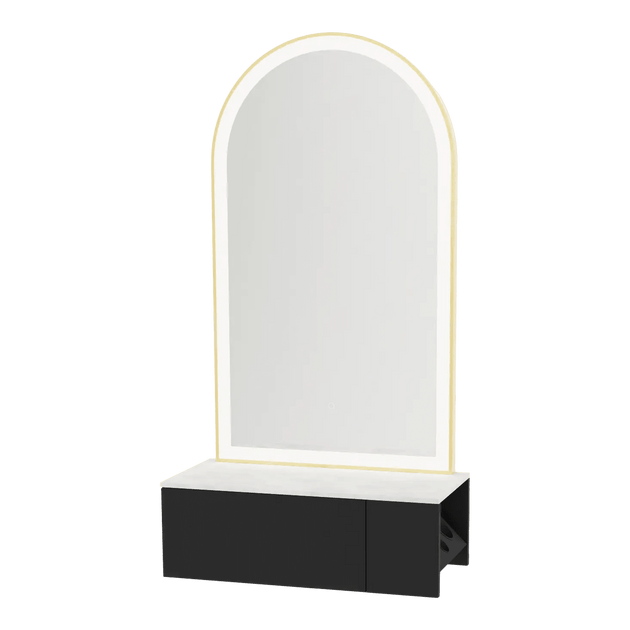 Glo Wall Mount Styling Station with Concealed Appliance Holder, Solid Surface Countertop, and Gold Arch Paloma Mirror - Kaemark