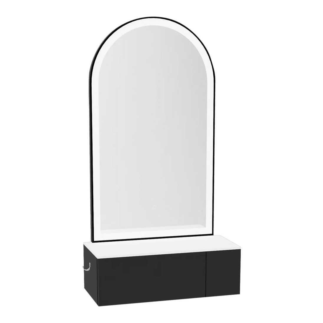 Glo Wall Mount Styling Station with Concealed Appliance Holder, Solid Surface Countertop, and Black Arch Paloma Mirror - Kaemark