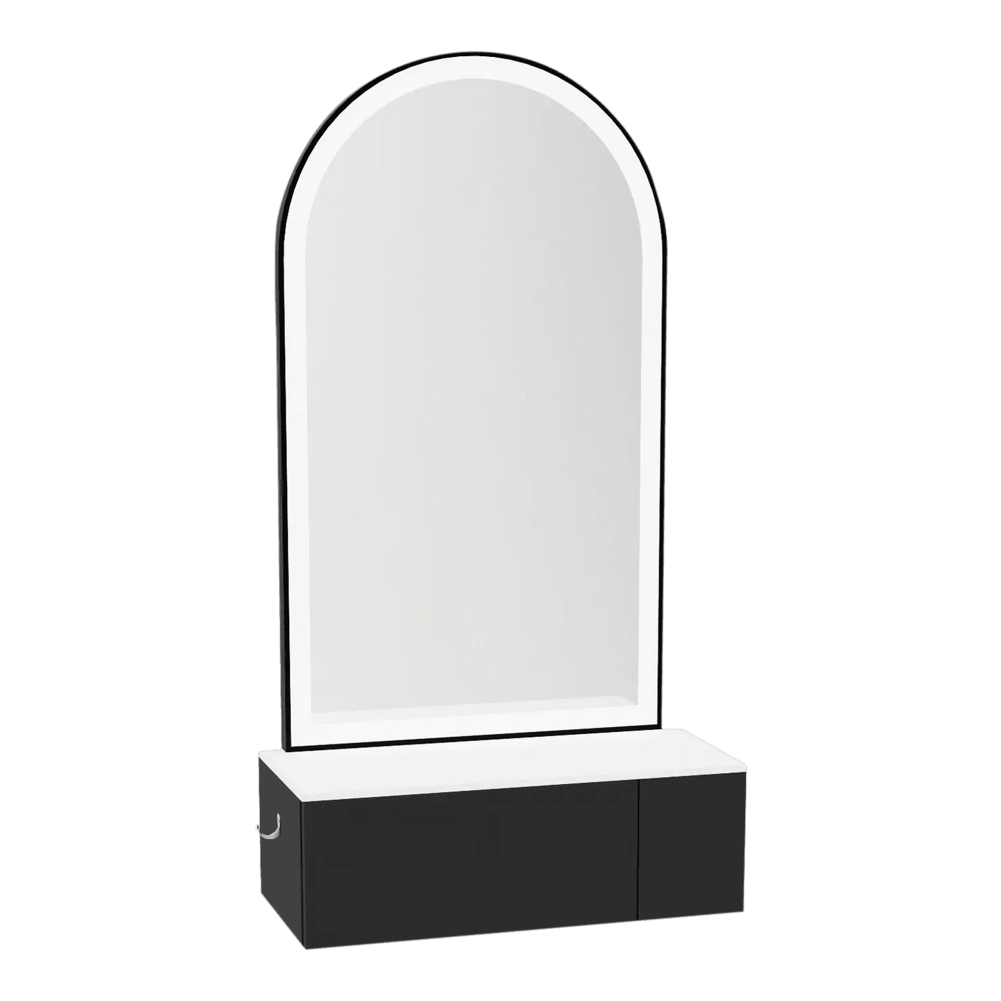 Glo Wall Mount Styling Station with Concealed Appliance Holder, Solid Surface Countertop, and Black Arch Paloma Mirror - Kaemark