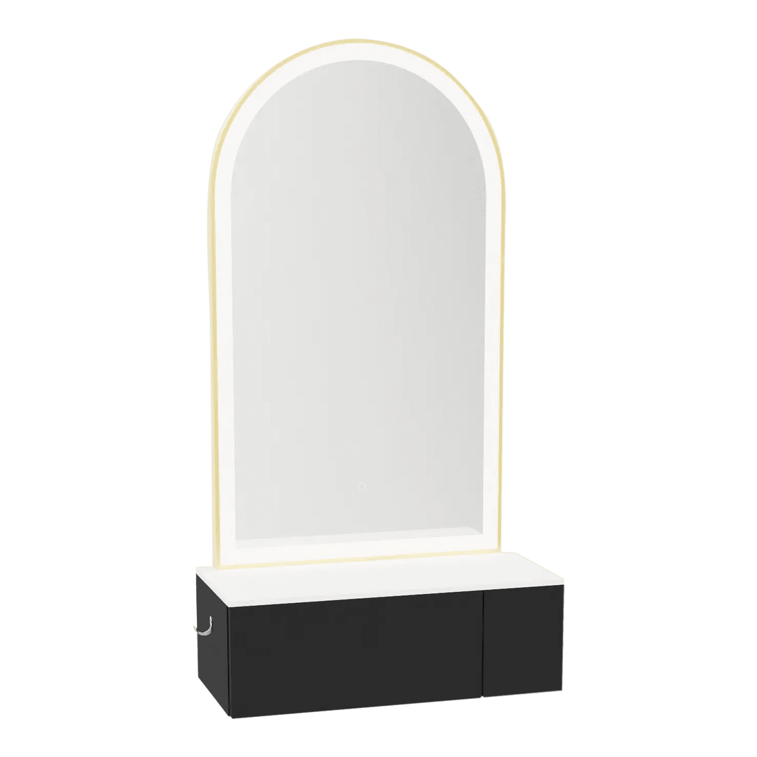 Glo Wall Mount Styling Station with Concealed Appliance Holder, Solid Surface Countertop, and Gold Arch Paloma Mirror - Kaemark