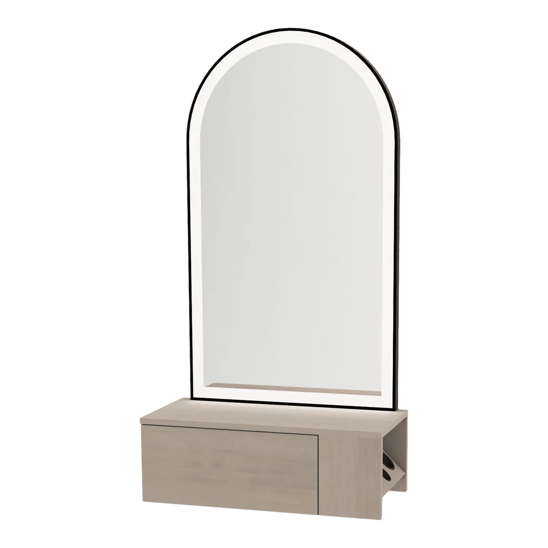 Glo Wall Mount Styling Station with Concealed Appliance Holder and Black Arch Paloma Mirror - Kaemark