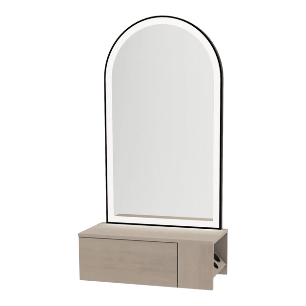 Glo Wall Mount Styling Station with Concealed Appliance Holder and Black Arch Paloma Mirror - Kaemark