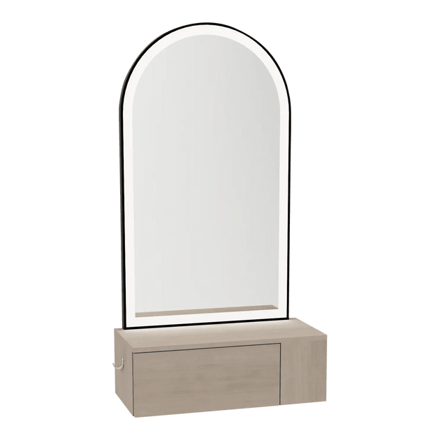 Glo Wall Mount Styling Station with Concealed Appliance Holder and Black Arch Paloma Mirror - Kaemark