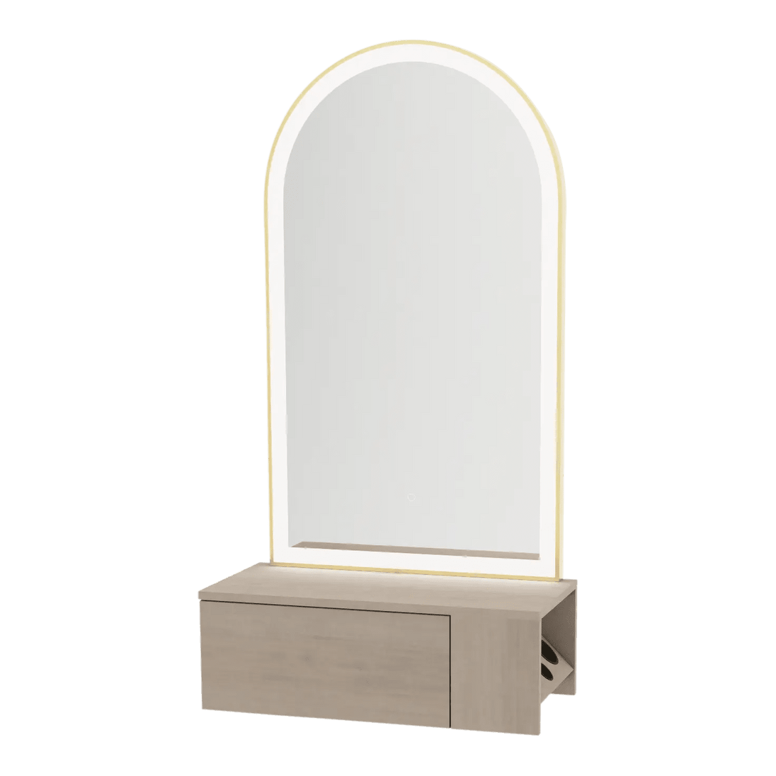 Glo Wall Mount Styling Station with Concealed Appliance Holder and Gold Arch Paloma Mirror - Kaemark