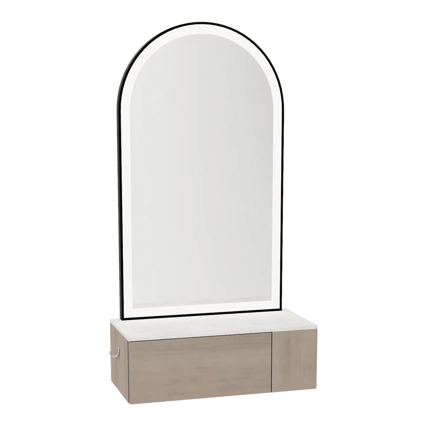 Glo Wall Mount Styling Station with Concealed Appliance Holder, Solid Surface Countertop, and Black Arch Paloma Mirror - Kaemark
