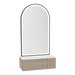 Glo Wall Mount Styling Station with Concealed Appliance Holder, Solid Surface Countertop, and Black Arch Paloma Mirror - Kaemark