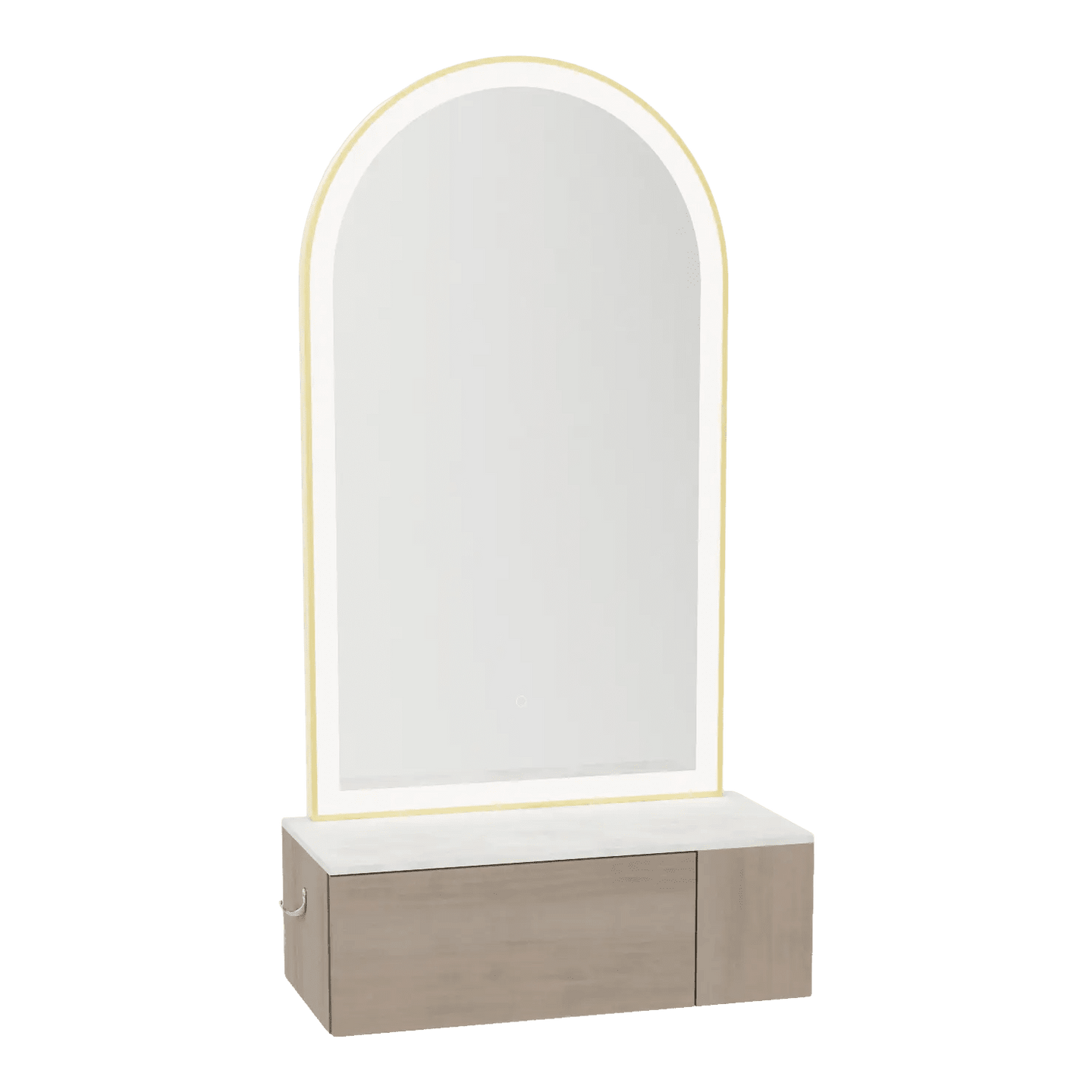 Glo Wall Mount Styling Station with Concealed Appliance Holder, Solid Surface Countertop, and Gold Arch Paloma Mirror - Kaemark