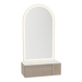 Glo Wall Mount Styling Station with Concealed Appliance Holder, Solid Surface Countertop, and Gold Arch Paloma Mirror - Kaemark