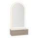 Glo Wall Mount Styling Station with Concealed Appliance Holder, Solid Surface Countertop, and Gold Arch Paloma Mirror - Kaemark