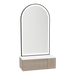 Glo Wall Mount Styling Station with Concealed Appliance Holder, Solid Surface Countertop, and Black Arch Paloma Mirror - Kaemark