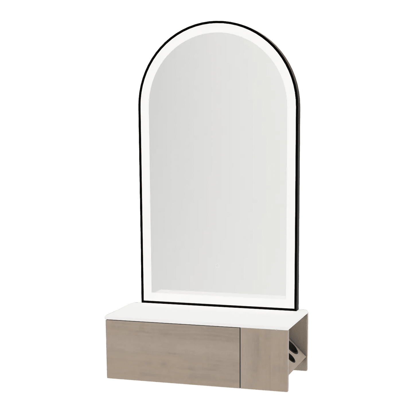 Glo Wall Mount Styling Station with Concealed Appliance Holder, Solid Surface Countertop, and Black Arch Paloma Mirror - Kaemark