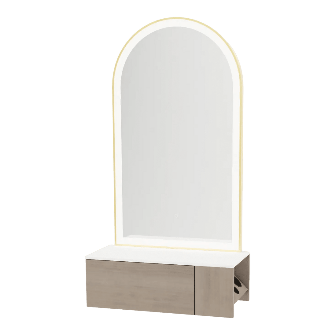 Glo Wall Mount Styling Station with Concealed Appliance Holder, Solid Surface Countertop, and Gold Arch Paloma Mirror - Kaemark
